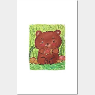 Little bear in the forest with mushrooms Posters and Art